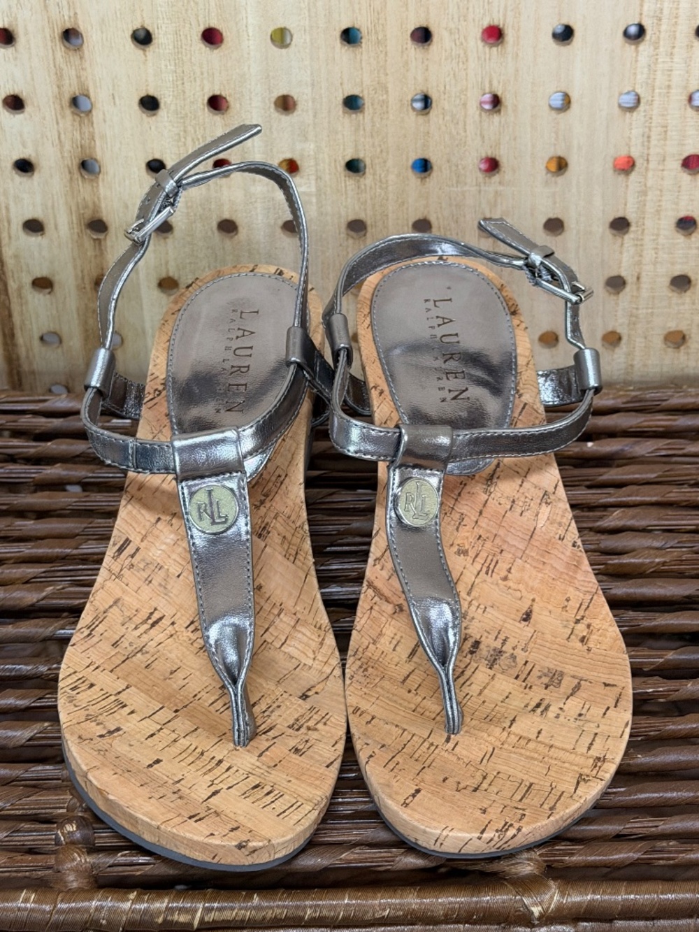 Lauren Ralph Lauren Metallic Gray Cork Wedge Sandals 7.5 - Picture 8 of 8